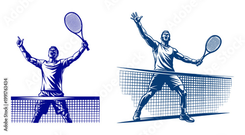Celebratory Tennis Victory and Triumphant Serve in Vector Art Style