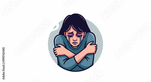 A distressed person cries, embracing themselves in a circle