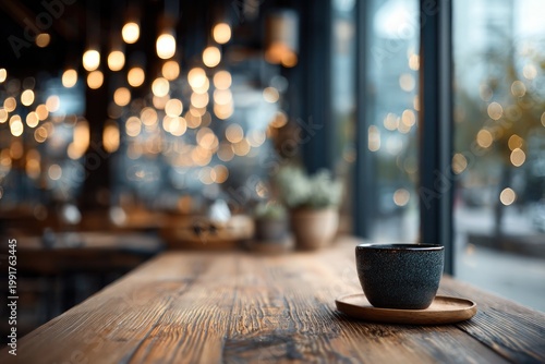 Warm cup on wooden table with bokeh lights background