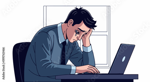A man in a suit cries at his desk with a laptop in front of a window