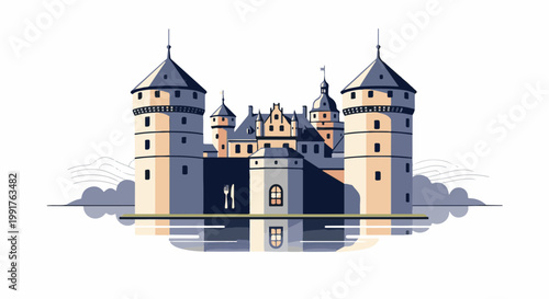 A quaint, stylized illustration of a grand castle reflected in calm water