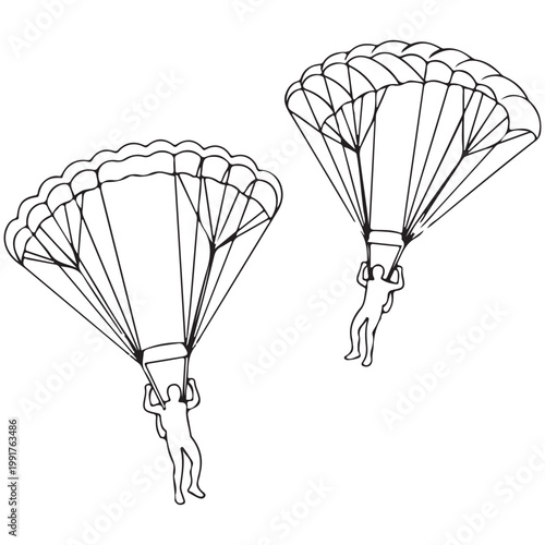 Skydivers descending with open parachutes minimalist line art vector illustration for extreme sports and adventure concepts