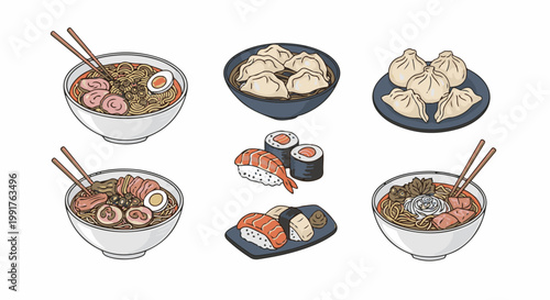 A diverse collection of Asian dishes including ramen, dumplings, and sushi, rendered in a playful, illustrative style