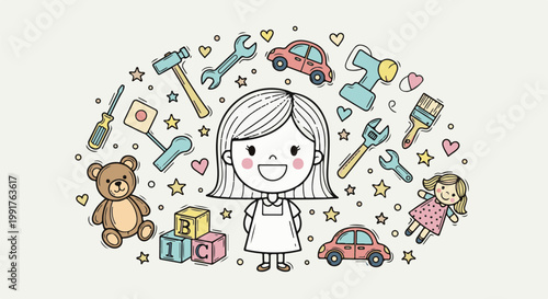 A happy cartoon girl surrounded by colorful toys and tools
