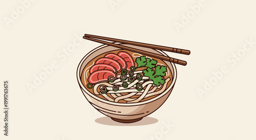 A delicious bowl of noodles with meat and greens, served with chopsticks