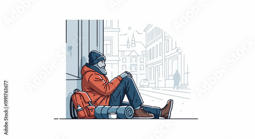 A man sits on a sidewalk with a backpack and sleeping bag