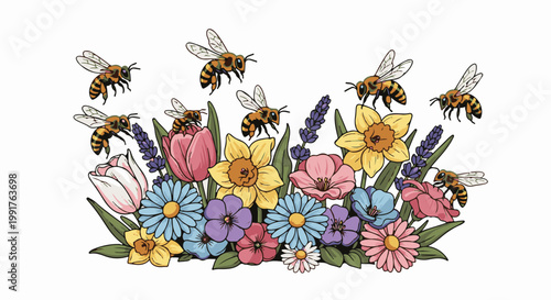 A delightful spring scene showcasing a vibrant bouquet of flowers with bees buzzing around