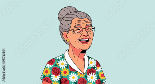 Happy elderly woman with glasses and floral shirt.