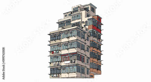 A dense, multi-story urban building with numerous windows and balconies, rendered in a graphic style