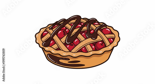 A delicious cherry pie topped with a lattice crust and drizzled with rich chocolate sauce