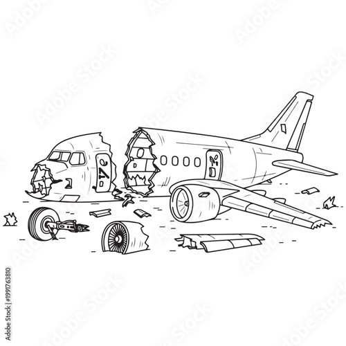 Airplane crash site with broken fuselage and debris line art vector illustration for coloring book and aviation safety concepts