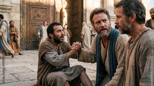 Apostle Peter helping crippled man at temple gate. Historical biblical scene showing miracle of healing described in Acts 3. Religious reenactment of ancient faith and divine grace.