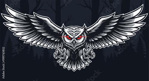 A fierce, white owl with glowing red eyes and wide-spread wings in a dark forest