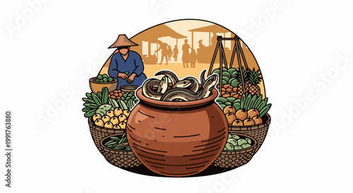 A market scene featuring a vendor in a conical hat, baskets of fruit, and a pot containing snakes
