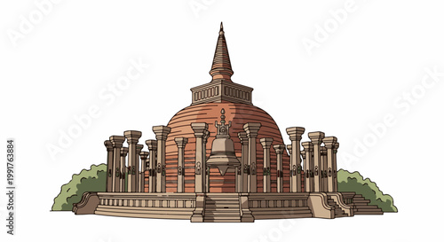 A grand, ancient brick stupa adorned with pillars, featuring a central bell tower