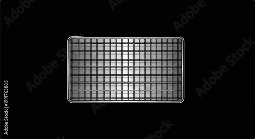 A rectangular metal grate with rounded corners and a grid pattern