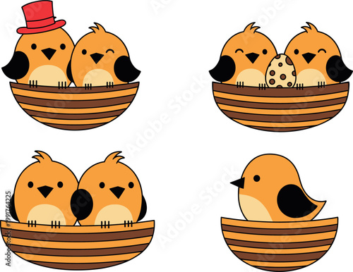 Cartoon Birds in Nests with Eggs and Hats Vector Set for Cute Animal and Farmyard Illustrations