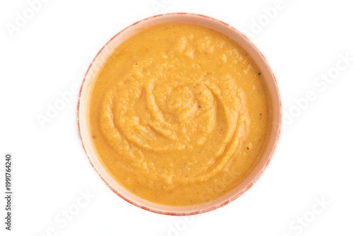 Pea cream soup, Puree, porridge in ceramic bowl isolated on white, top view, flat lay, close up
