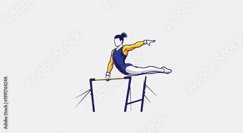 A gymnast performs a routine on parallel bars, showcasing strength and flexibility