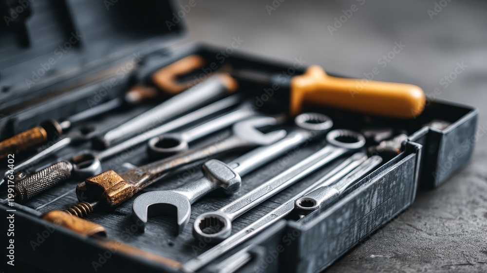 Fototapeta premium Chaos in the Toolbox: Scattered Tools Close Up, Macro Shot of Maintenance Problem with Metal Texture under Natural Lighting