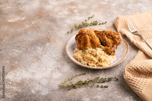 Fried Turkey Wing with spices and rice on brown concrete, side view, copy space