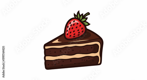 A delicious slice of layered chocolate cake topped with a vibrant red strawberry