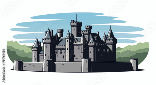 A grand medieval castle stands majestically against a backdrop of rolling hills and a blue sky