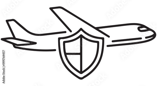 Minimalist travel insurance icon featuring an airplane and shield in black line art style for aviation safety and security concepts