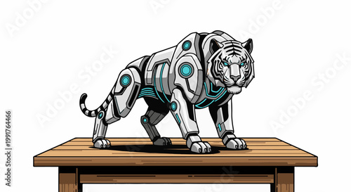 A metallic tiger with blue glowing accents stands on a wooden platform