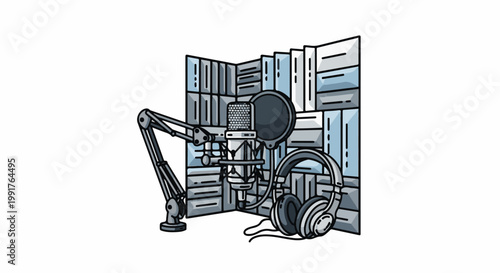 A microphone and headphones set up in a soundproof booth