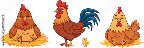 Cartoon Rooster and Hen with Baby Chick in Nest Vector Set for Poultry and Farmyard Illustrations
