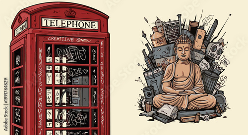 A red telephone booth covered in graffiti next to a meditating Buddha surrounded by urban clutter