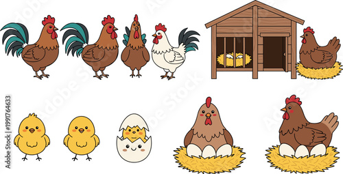 Cartoon Roosters, Hens, Chicks, and Chicken Coop with Eggs Vector Set for Poultry and Farmyard Illustrations
