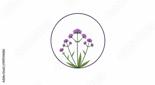 A minimalist circular emblem featuring delicate purple flowers and green leaves