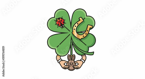 A lucky charm featuring a four-leaf clover, horseshoe, ladybug, and rabbit's paw