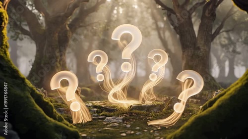 Many questions marks glowing in forest scene with mystery thinking
