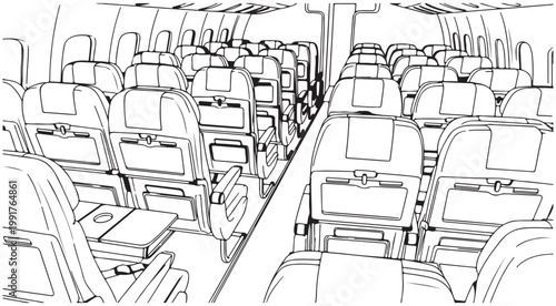 Airplane cabin interior with rows of seats and aisle in black and white line art vector illustration for coloring page