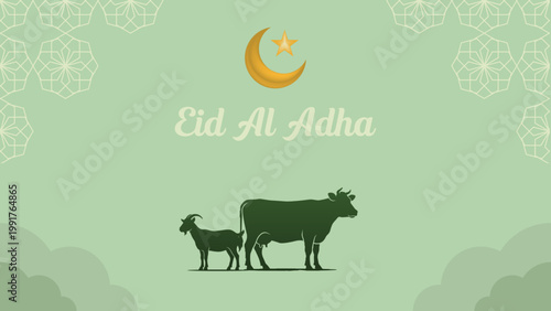 Eid al adha / idul adha holiday greeting card or poster vector art with with simple style stars, cloud and line art background with ratio 16:9. use goat and cow flat vector.