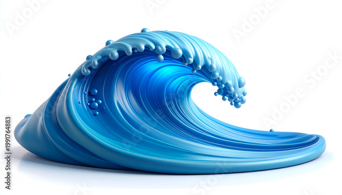 A vibrant, stylized blue wave sculpture rests on a white surface, showcasing a dynamic and fluid form with intricate droplet details.