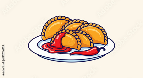 A delightful plate of golden pastries drizzled with vibrant sauce, accented by a spicy chili pepper