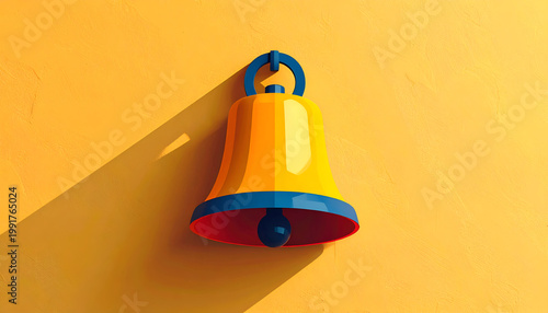 A vibrant yellow bell hangs against a matching yellow wall, casting a long, dramatic shadow, creating a striking and minimalist composition.