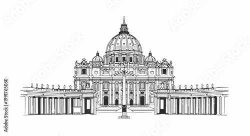 A grand neoclassical dome building with colonnades on either side, rendered in a black and white sketch style