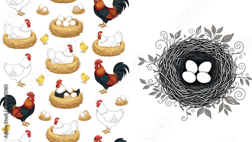 Farmyard Chicken Nest with Eggs and Rooster Vector Set for Poultry and Spring Illustrations