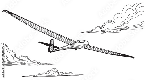 Glider soaring through clouds in a vintage woodcut vector illustration style for aviation and leisure design