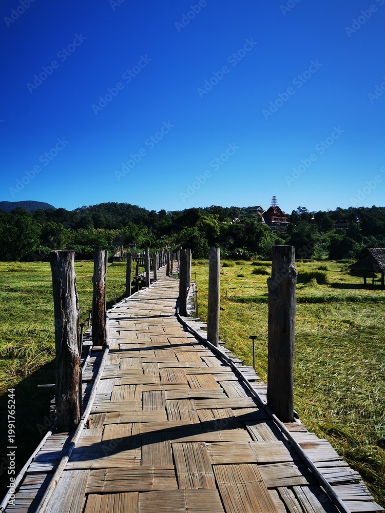 Obraz premium Su Tong Pae bamboo bridge crossing golden rice fields in Mae Hong Son, Thailand.