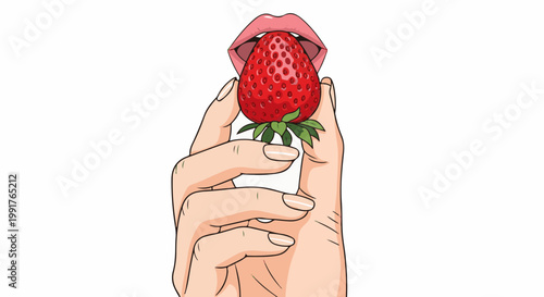 A hand holds a luscious strawberry before inviting lips, hinting at a sweet, tempting moment