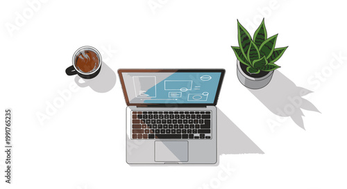 Overhead view of a laptop with a blue graph on the screen next to a cup of coffee and a potted plant on a white background.