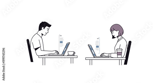 Illustration of a man and woman sitting at separate desks, working on laptops with water bottles and coffee cups, in a simple line art style with a minimalist white background.