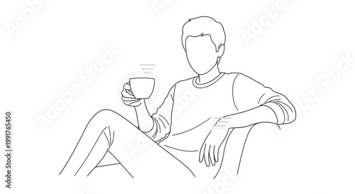 Line drawing of a man sitting and holding a cup of coffee in a minimalist style with a neutral color palette against a white background.