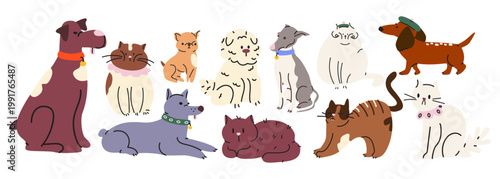 Various funny domestic pet set in cartoon doodle style. Cats and dogs character collection in various poses and different breeds. Vector illustrations